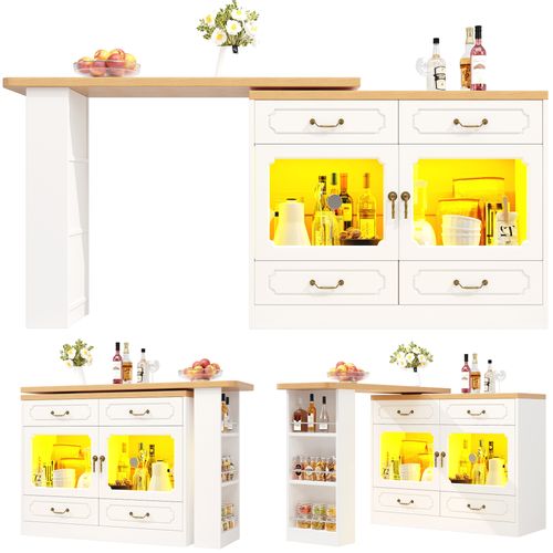 Table De Bar Extensible 135-203x39x92.8 Cm - Avec Pivotement à 360° Et LED - Blanc
