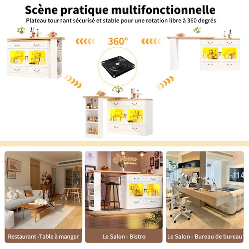 Table De Bar Extensible 135-203x39x92.8 Cm - Avec Pivotement à 360° Et LED - Blanc