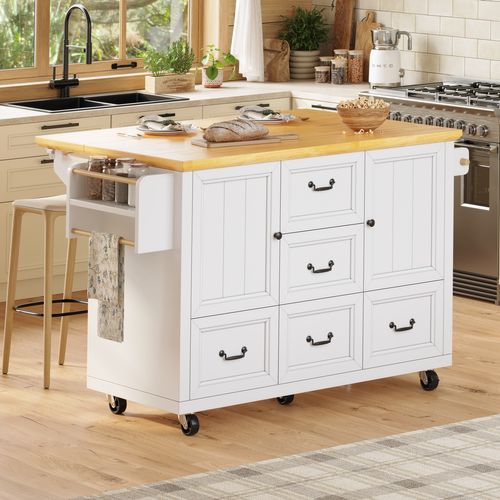 Îlot De Cuisine 120x73(45)x93cm - Avec Plateau De Table Pliable - Blanc