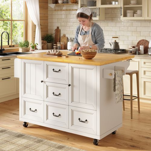 Îlot De Cuisine 120x73(45)x93cm - Avec Plateau De Table Pliable - Blanc