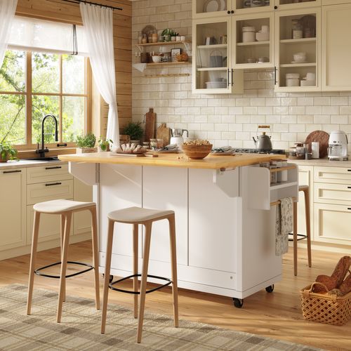 Îlot De Cuisine 120x73(45)x93cm - Avec Plateau De Table Pliable - Blanc