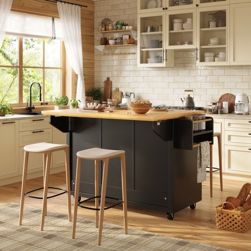 Îlot De Cuisine 120x73(45)x93cm - Avec Plateau De Table Pliable - Noir