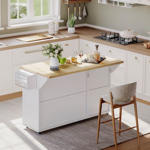 Îlot De Cuisine 137x70x89.5cm - Avec Plateau De Table Pliable - Blanc