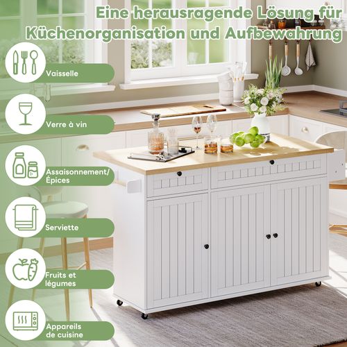 Îlot De Cuisine 137x70x89.5cm - Avec Plateau De Table Pliable - Blanc