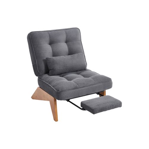 Chaise Moderne Réglable En Tissu - Avec Pouf Et Pieds En Bois - Velours Côtelé - Gris