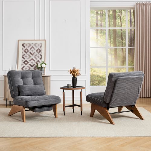 Chaise Moderne Réglable En Tissu - Avec Pouf Et Pieds En Bois - Velours Côtelé - Gris