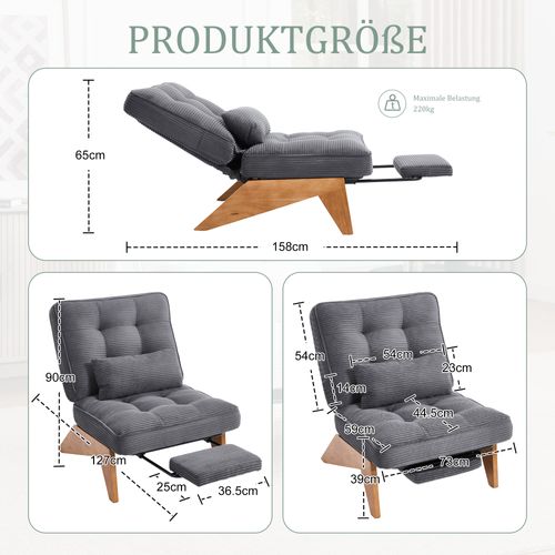 Chaise Moderne Réglable En Tissu - Avec Pouf Et Pieds En Bois - Velours Côtelé - Gris