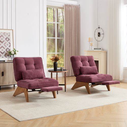 Chaise Moderne Réglable En Tissu - Avec Pouf Et Pieds En Bois - Velours Côtelé - Rouge