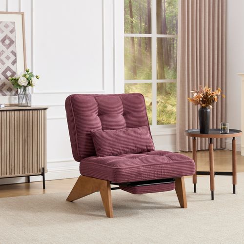 Chaise Moderne Réglable En Tissu - Avec Pouf Et Pieds En Bois - Velours Côtelé - Rouge