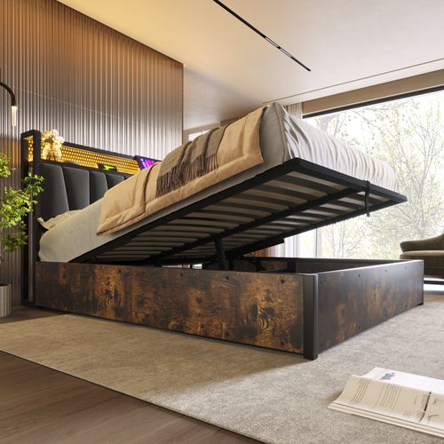 Lit Coffre Double 140x200 Cm,avec USB,design Vintage En Bois Et Métal, Espace De Rangement