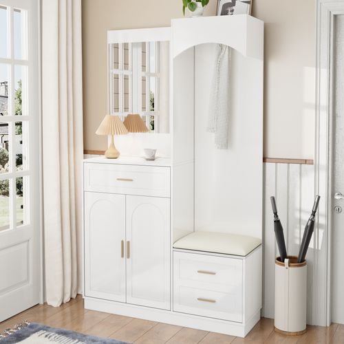 Vestiaire Avec Armoire à Chaussures Et Miroir - 110x33x185.5 - Blanc