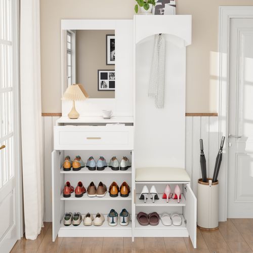 Vestiaire Avec Armoire à Chaussures Et Miroir - 110x33x185.5 - Blanc