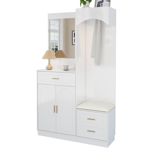 Vestiaire Avec Armoire à Chaussures Et Miroir - 110x33x185.5 - Blanc