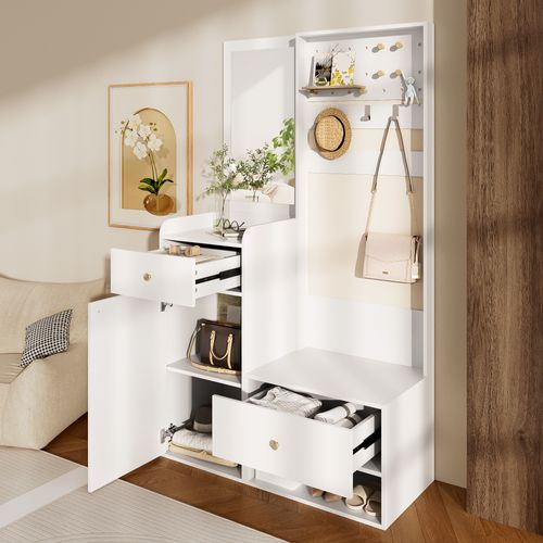 Vestiaire En Panneaux De Particules Avec Miroir - 101x38x180cm - Blanc