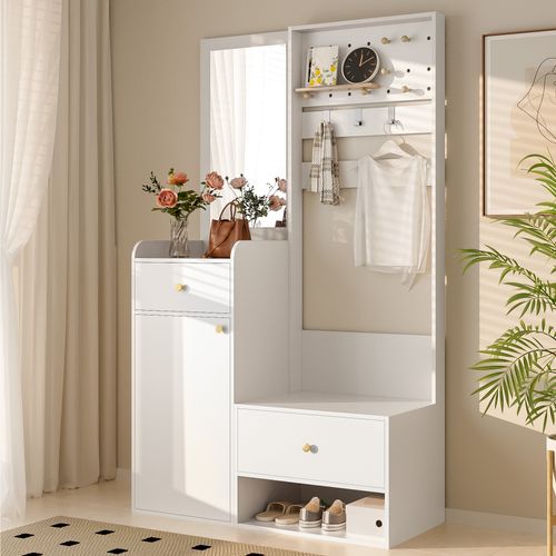 Vestiaire En Panneaux De Particules Avec Miroir - 101x38x180cm - Blanc