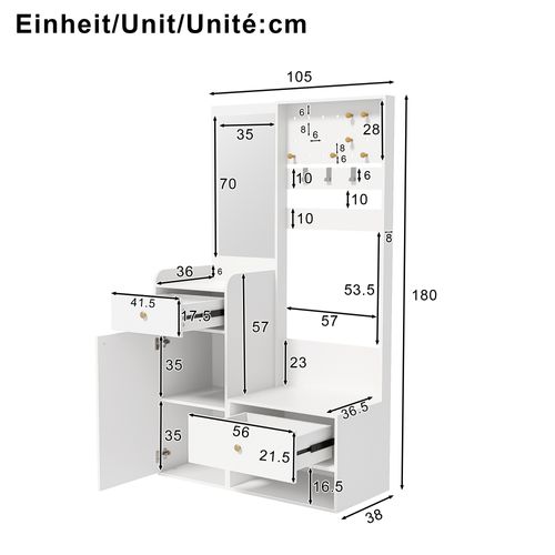 Vestiaire En Panneaux De Particules Avec Miroir - 101x38x180cm - Blanc
