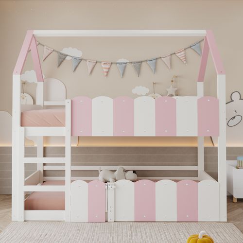 Lit Superposé Pour Enfants 90x200 Cm-avec Barrières De Sécurité Surélevées-rose