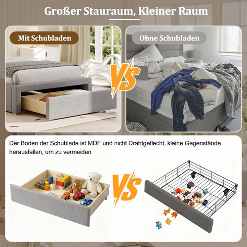 Lit Simple Enfant 90X200Cm -  Avec Sommier à Lattes - Tête De Lit Et Grand Espace De Rangement-gris