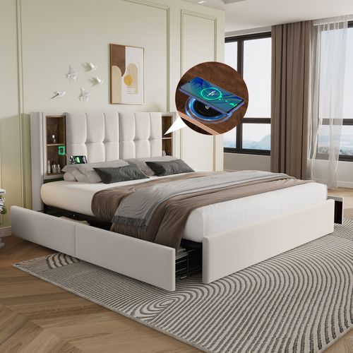 Lit Coffre Double 160x200 Avec charge Sans Fil USB C Et 4 Tiroirs,  Sommier à Lattes, Velours Beige