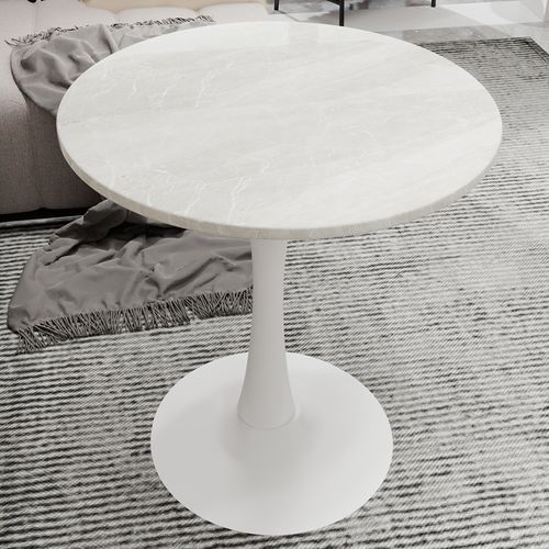 Table De Salle à Manger 70x70x72cm, Table Blanche,  pour 2 à 4 Personnes, Plateau Rond Veiné Blanc