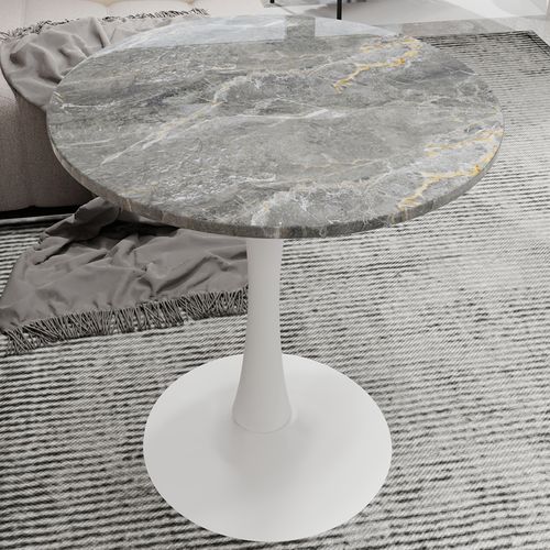 Table De Salle à Manger 70x70x72cm, Table Blanche, Avec Plateau De Table En Marbre Veiné Gris Foncé