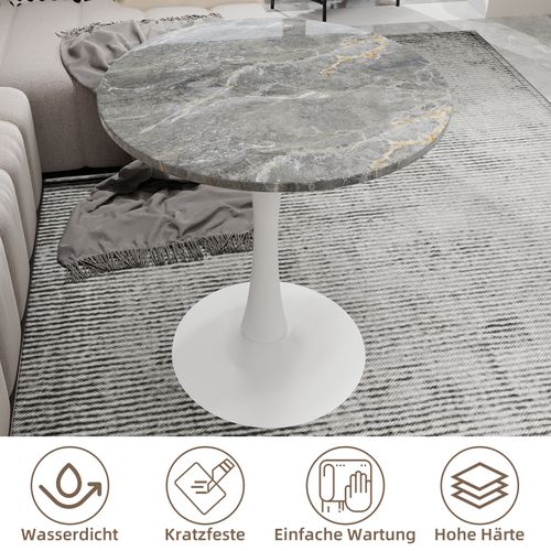 Table De Salle à Manger 70x70x72cm, Table Blanche, Avec Plateau De Table En Marbre Veiné Gris Foncé