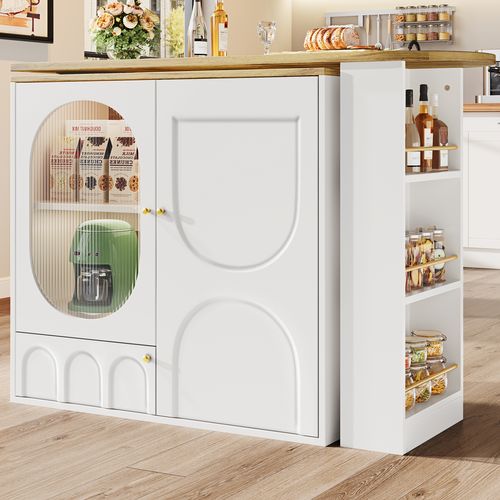 Table Pivotante 360° / Îlot De Cuisine Avec Espace De Rangement, 3 Portes Avec Étagères, blanc