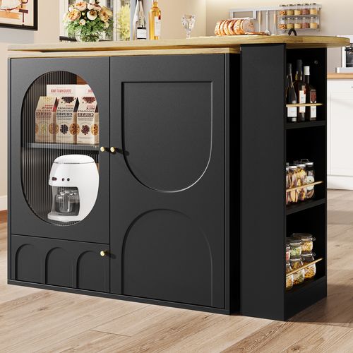 Table De Bar Pivotante 360° / Îlot De Cuisine Avec Grand Espace De Rangement, 3 Portes ,noir