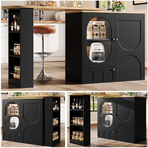 Table De Bar Pivotante 360° / Îlot De Cuisine Avec Grand Espace De Rangement, 3 Portes ,noir
