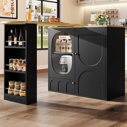 Table De Bar Pivotante 360° / Îlot De Cuisine Avec Grand Espace De Rangement, 3 Portes ,noir