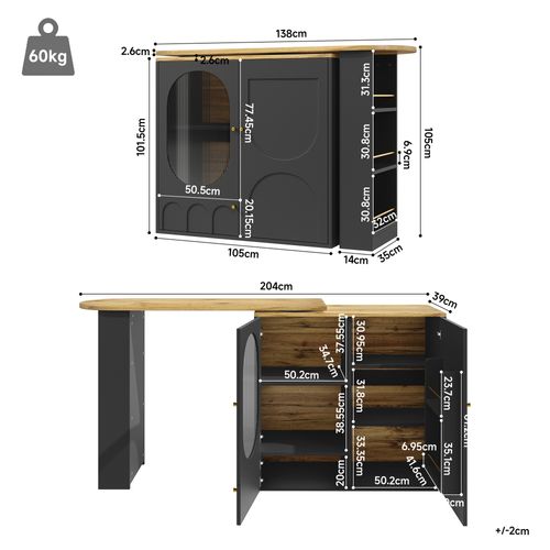 Table De Bar Pivotante 360° / Îlot De Cuisine Avec Grand Espace De Rangement, 3 Portes ,noir