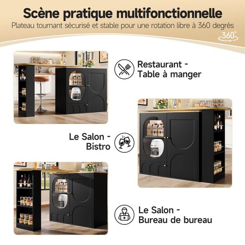 Table De Bar Pivotante 360° / Îlot De Cuisine Avec Grand Espace De Rangement, 3 Portes ,noir