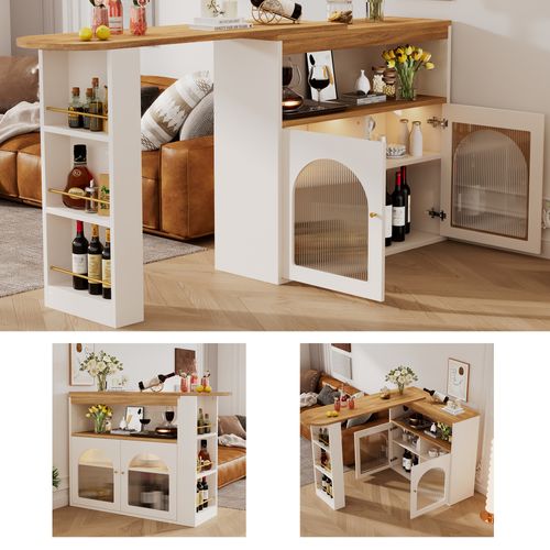 Table De Bar Extensible 138–193 Cm, Pivotante 360°, Avec LED Et Rangements, Blanc