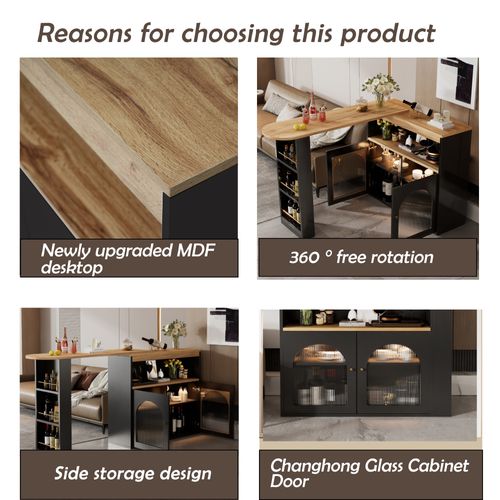 Table De Bar Extensible 138–193 Cm, Pivotante 360°, Avec LED Et Rangements, Noir