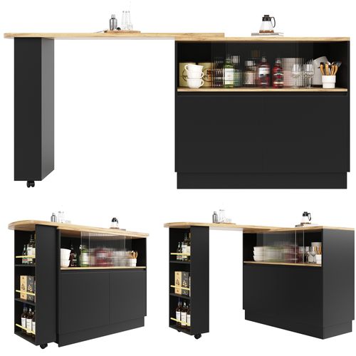 Meuble De Bar Pivotant 360°, 90×45×100 Cm, Avec Rangements Et Porte En Verre, Noir/bois