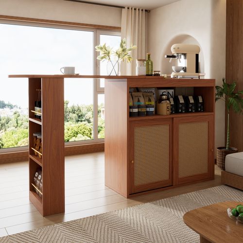 Table De Bar Extensible Avec Rangements, Portes En Rotin Tressé, 138–193 Cm, Blanc/bois