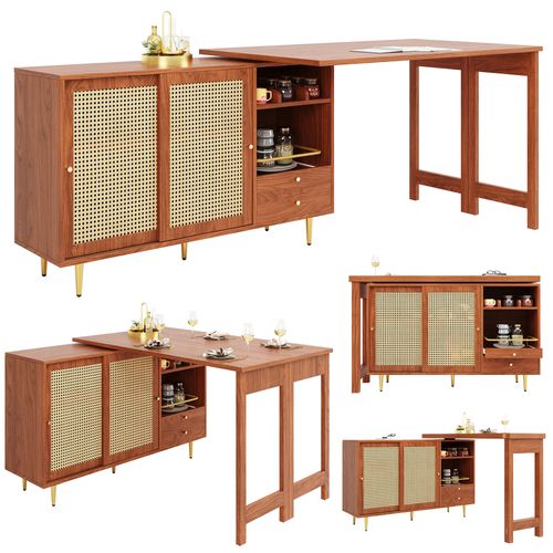 Table îlot Pivotante 360° Avec Portes En Rotin, Rangement Et Plateau Extensible, 107–187 Cm, Marron