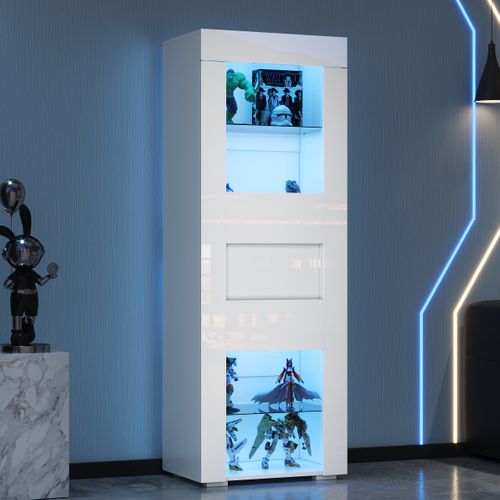 Vitrine Blanche Brillante Avec Éclairage LED, 2 Étagères En Verre, Armoire Haute, 60X40X170Cm