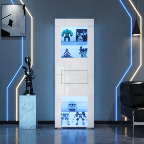 Vitrine Blanche Brillante Avec Éclairage LED, 2 Étagères En Verre, Armoire Haute, 60X40X170Cm