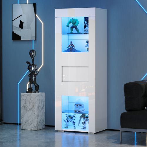 Vitrine Blanche Brillante Avec Éclairage LED, 2 Étagères En Verre, Armoire Haute, 60X40X170Cm