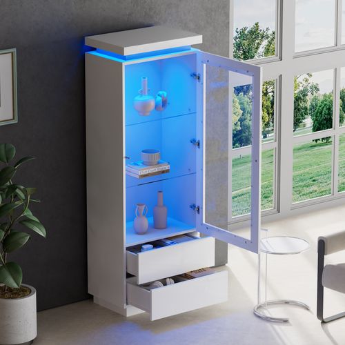 Vitrine Blanche Brillante Avec Éclairage LED, Armoire Haute Avec 2 Tiroirs, 60X40X171Cm