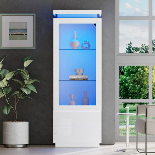 Vitrine Blanche Brillante Avec Éclairage LED, Armoire Haute Avec 2 Tiroirs, 60X40X171Cm
