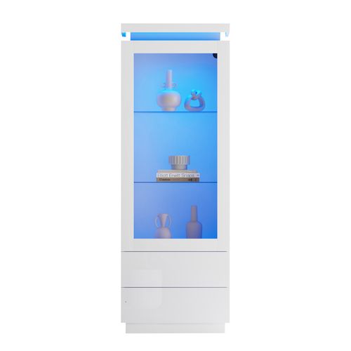 Vitrine Blanche Brillante Avec Éclairage LED, Armoire Haute Avec 2 Tiroirs, 60X40X171Cm
