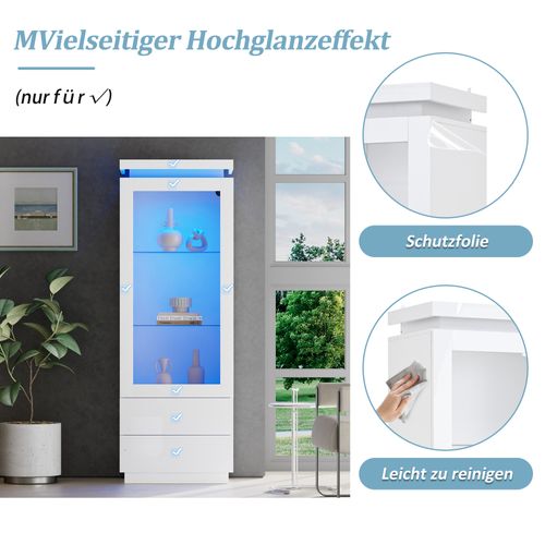 Vitrine Blanche Brillante Avec Éclairage LED, Armoire Haute Avec 2 Tiroirs, 60X40X171Cm