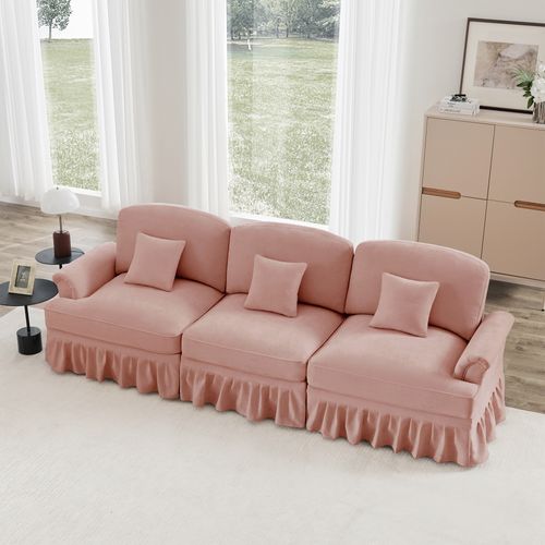 Canapé 3 Places Élégant En Tissu Chenille, Jupe Amovible – Style Classique et Moderne –rose