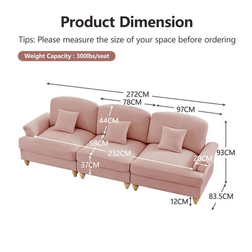 Canapé 3 Places Élégant En Tissu Chenille, Jupe Amovible – Style Classique et Moderne –rose