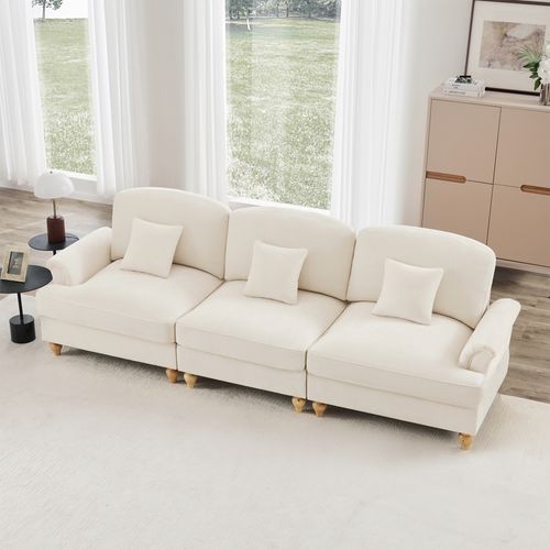 Canapé 3 Places Élégant En Tissu Chenille, Jupe Amovible – Style Classique et Moderne – Blanc