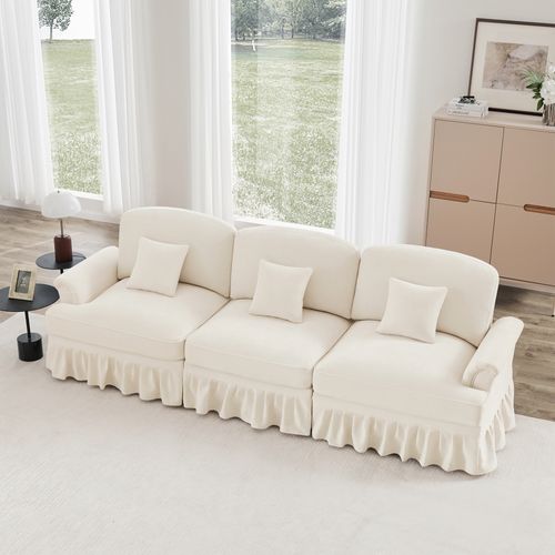 Canapé 3 Places Élégant En Tissu Chenille, Jupe Amovible – Style Classique et Moderne – Blanc