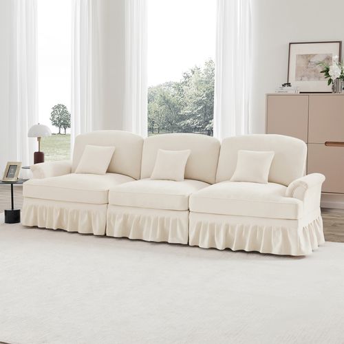 Canapé 3 Places Élégant En Tissu Chenille, Jupe Amovible – Style Classique et Moderne – Blanc