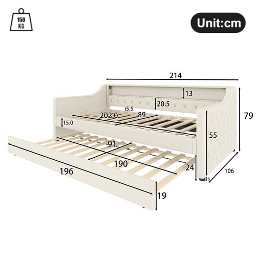 Lit Enfant Gigogne - 90x200cm - Avec Éclairage LED, Prise USB-mdf- Beige